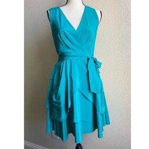 DONNA KARAN NEW YORK LAYERED FAUX WRAP SILK DRESS.